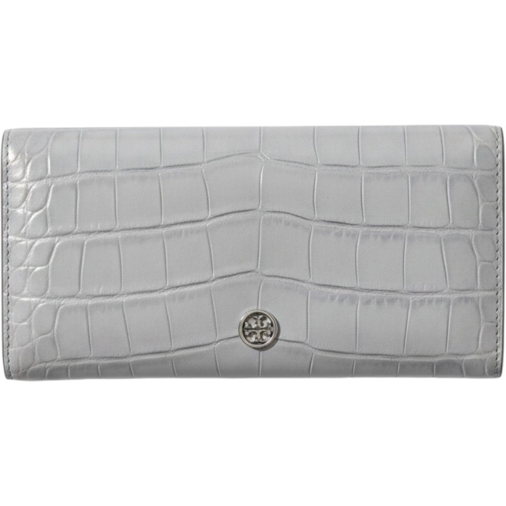 Tory Burch Light Blue Croc Embossed Leather Slim Long Wallet Silver Logo